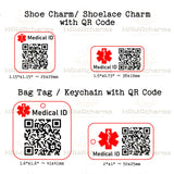 Customized Medical ID/Medical Alert/ Emergency/ Diabetic/ Medical alert/ Autism/Allergy Shoe Charm/Shoe-lace Charm/Bag Tag with QR Code